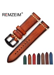 REMZEIM Retro Handmade Genuine Leather Strap Vegetable Tanned Leather Watchband 18 20 22 24mm High Quality Business Watch Band