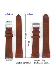 Handmade Retro Genuine Leather Watch Band 20mm 22mm Red Blue Line Calfskin Watch Strap Bracelet for Men Watch Accessories