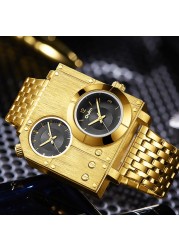 New Arrive Oulm Golden Luxury Brand Man Watch Stainless Steel Big Size Quartz Clock Two Time Zone Military Men Wristwatch