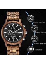 Kunhuang Handmade Wooden Watches Mens Watches Chronograph Watch Military Quartz Wristwatch Male In Wooden Gift Box Relogio