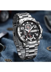 CRRJU Men's Watches Large Dial Waterproof Stainless Steel With Luminous Hands Date Sports Chronograph Watches Relogio Masculino