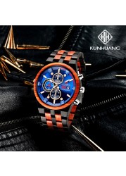 Kunhuang Wooden Mens Watch Luxury Elegant Wood Watches Chronograph Zebra Wood Quartz Watches in Wooden Gift Box reloj de hombre