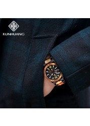 Kunhuang Luxury Wood Stainless Steel Men Watch Fashion Wooden Watches Chronograph Quartz Watches relogio masculino gift man