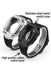 Luxury Stainless Steel for Apple Watch Band 7 41 44 45mm Noble Metal Set Rubber Strap for iWatch Series SE 6543 Modification Kit