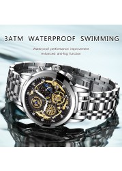 WISHDOIT Original Watch Men Waterproof Stainless Steel Quartz Analog Fashion Business Sun Moon Star Top Brand Wristwatches