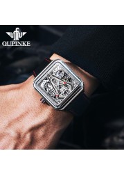 OUPINKE Automatic Watch Men Skeleton Mechanical Watch Steampunk Sapphire Crystal Square Leather Transparent Sports Wristwatches