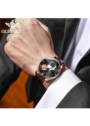 OUPINKE Men's Mechanical Watch Starry Sky Moon Phase Sapphire Crystal Glass Automatic Leather Business Wristwatch for Mature Male