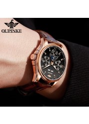 OUPINKE Luxury Watch Men Mechanical Wristwatches Leather Sapphire Waterproof Sports Business Moon Phase Automatic Watch for Men