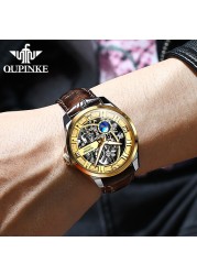 OUPINKE New Men's Automatic Mechanical Watch Skeleton Design 50M Waterproof Sapphire Mirror Leather Strap Male Watches