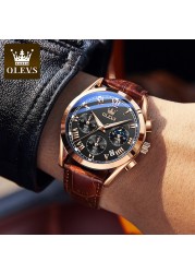 OLEVS Waterproof Corium Strap Men's Wristwatches Quartz Multifunction Three-eye Six Hand Fashion Luminous Men's Watches