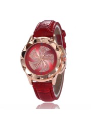 Popular windmill diamond inlaid women's quartz watch leisure bamboo style leather strap