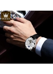 OLEVS New Luxury Men Automatic Mechanical Watch Waterproof Luminous Hollow Watches for Men Leather Strap Moon Phase Calendar