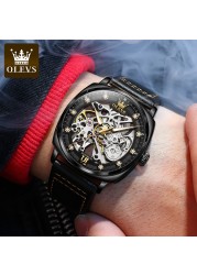 OLEVS Watch for Men Luxury Brand Diamond Automatic Mechanical Wristwatches Skeleton Design Waterproof Leather Men's Watches