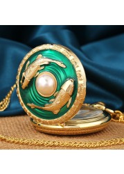 Valentine's Day Gift Green Glue Dripping Pisces Pearl Pattern Gold Personalized Quartz Pocket Watches for Boyfriend Girlfriend