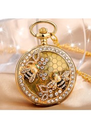 2022 New Unisex Gold Quartz Face Chain Pocket Watch Transparent Dripping Glue Diamond Bee Pattern Birthday Gift for Friend