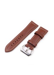 Rolamy - Soft Brown Genuine Leather Watch Strap Thickened Replacement Watch Strap Handmade with Pre-V Screw Buckle 22 24 26mm