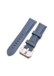 Rolamy - Watch strap 22 24mm, polished silver buckle watch strap, blue, genuine leather, handmade, thick, antique