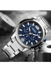 MEGIR 2020- Luxury Watches for Men, Men's Watch, Stainless Steel, Luminous, Water Resistant, Sport Chronograph, Quartz, Blue