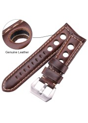 Cowhide Oil Wax Leather Watch Band, 22mm, 24mm, Dark Brown, for Men and Women, Genuine Leather, Fashionable, with Pin Buckle