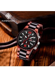 Kunhuang New Fashion Wooden Men's Watch Luxury Brand Multifunction Sports Mens Wristwatch Quartz Casual Relogio Masculino