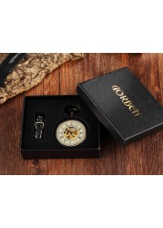 Gold Retro Hand Wind Mechanical Luxury Steampunk Pocket Watch Hollow Watches Roman Numerals Clock With Fob Chain Reloj Hombre