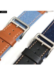 URVOI Strap for Apple Watch Series 7 654321SE Jean Band with Genuine Leather Strap for iWatch Denim Design Canvas Denim Wristband