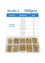 90-500 قطعة M2 M2.5 M3 M4 M5 M6 النحاس الساخن تذوب المكسرات مجموعة متنوعة موضوع النحاس مخرش الخيوط إدراج Embedment المكسرات مجموعة