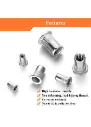 210pcs Stainless Steel Rivet Nut Set ,304 Flat Head Steel Rivet Nut Threaded Rivet Nut Insert Assorted Set