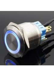 25mm 6V 12V 24V 220V Blue Ring LED Light Momentary/Lock Push Button Switch DPST Metal Industrial Boat Car DIY Switch