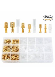 600pcs Female and Male Crimp Termination, Electrical Connector, Fastening Terminal Kit, Golden Plug-in 2.8/4.8/6.3mm Cold Press Pliers