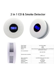 2 in 1 Wireless Carbon Monoxide Smoke Sensors Co Toxic Gas Leak Detector 85dB Built In Voice Promp Digital Color LCD Display