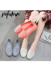 Pofulove Flats Shoes Women Hollow Out Slip On Casual Nursing Shoes Summer Loafers Female Sandals Shallow Beach Breathable Zapatos