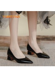 YQMSYNA Women Shoes Casual Pumps Fashion Pointed Toe Metal Beading Square Heel Pumps Street Style Slip On High Heel Shoes W39