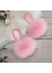 fluffy slippers women real fur home slides summer crystal rhinestones shoes for women flip flops with fur jelly sandals women