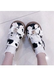 Kawaii Cow Print Girls Mary Janes 2022 Japanese Style Patchwork PU Bow Lolita Spring Shoes Black White Lace Zapatillas Mujer