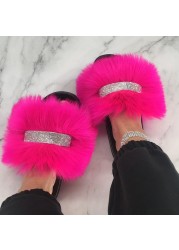 Home Slippers Women Thin Slippers Luxury Summer Faux Fur Slippers Furry Slides Shoes For Women With Rhinestones Slipper 2022