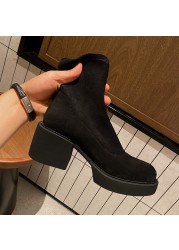 Flock chunky heels platform autumn women stretch ankle boots round toe casual punk warm plush short socks high quality shoes