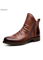 Vintage British Men's Leather Casual Shoes Round Toe Double Zip Ankle Boots Spring Autumn Business Dress Chelsea Boots Fashion