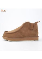 INOE Real Sheepskin Suede Men Sheep Wool Fur Lined Winter Short Ankle Snow Boots With Zipper Keep Warm Waterproof Boots