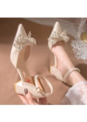 Rimocy Elegant Pointed Toe Crystal Bowtie Pumps Women Pearl Ankle Strap High Heels Shoes Woman White Slik Wedding Shoes Lady