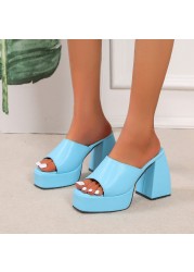 Platform Slippers Women's Sexy Square Toe High Heel Sandals Size 43 zapatos de mujer Orange Yellow Blue Black Women Shoes 20221