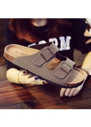 2021 New PU Leather Men's Mule Clogs Slippers High Quality Soft Cork Two Buckle Slides Shoes For Men Women Unisex 35-46