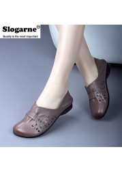 Women's spring summer new single shoes retro soft sole woman shallow flats hollow leather shoes plus size wedges low heels