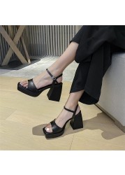 Meotina Women Genuine Leather Shoes Super High Heel Platform Sandals Buckle Thick Heel Square Toe Ladies Sandals Summer Black