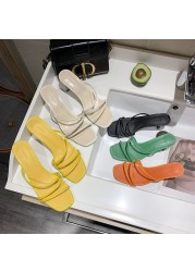 2022 New Summer Elegant Women 5cm Square High Heels Slides Mules Designer Yellow Green Heels Beach Slippers Female Shoes