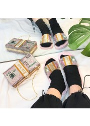 Glitter Slippers Women Summer Sandals Female Bling Slides and Matching Purse Set Dollar Diamond Flip Flops Flat Shoes Outdoor