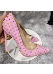 Yellow Color Rivets Women Pointed Toe Stiletto High Heels Size 33-45 Punk Rivets Slip On Sex Pumps