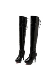 REAVE CAT 2021 Sexy Over the Knee Boots Patent Leather Velvet Round Toe Lace Up Zip Platform 11cm Thin Heel US12 White Red A4348