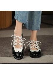 Women's Genuine Leather Flats Moccasin Shoes Vintage Lace Up Casual Style Spring Season 2021