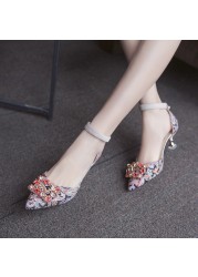 Lucifer 2022 Spring Women Fashion Crystal Thin Heels Wedding Shoes Sexy Pointed Toe Pumps Red Ankle Strap Party Ladies Sandals